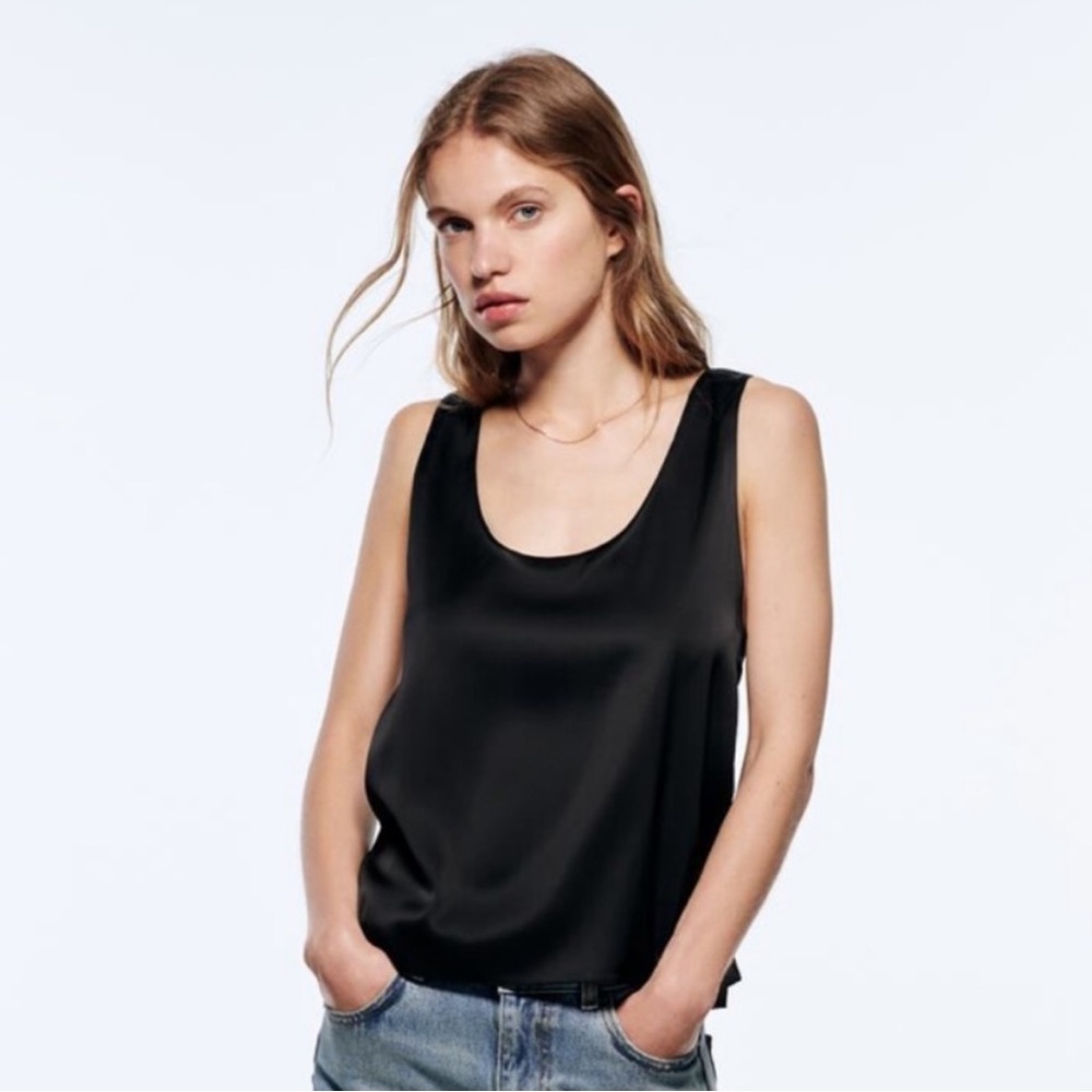 NWOT Zara black satin scoop neck flowy tank top. Size small never worn